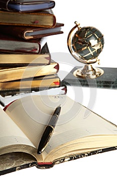 Organizer, pen, books