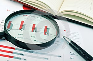 Organizer, pen, magnifying glass over graph