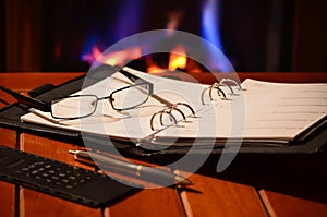 Organizer set by fireplace