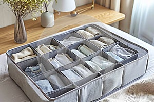 Organizer for storing linen, presented in the form of a small compact box with various compartments for socks.