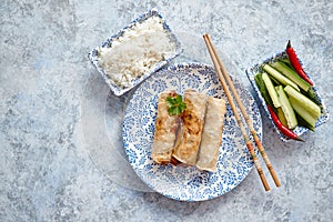 Orginal asian deep fried spring rolls placed on beautiful oriental style plate