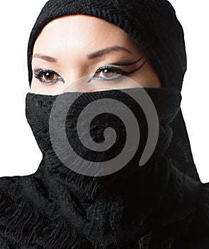 Oriental arabian makeup,portrait of asian kazakh woman in hi jab