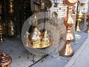 Oriental Arabic jewelry on display in souk market