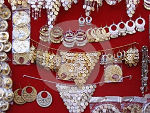 Oriental Arabic jewelry on display in souk market
