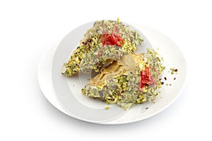 Oriental Arabic sweet warbat with qishta, kadayif, kunafa, with pistachio and cheese