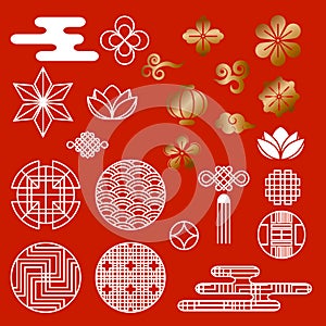 Oriental asian traditional korean japanese chinese style pattern decoration elements vector set,web page background