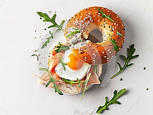 Oriental bagel with feta cheese, eggs, arugula and sea salt on a white plate over a light background. Healthy breackfast