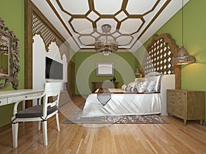 Oriental bedroom in Arab style, with a wooden headboard and green walls. TV unit, dressing table, armchair with coffee table