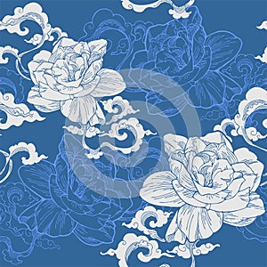 Oriental Cape jasmine and and aroma cloud for seamless pattern with blue and white tone