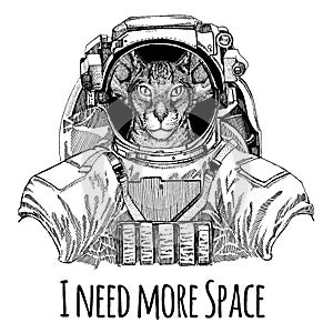 Oriental cat with big ears Astronaut. Space suit. Hand drawn image of lion for tattoo, t-shirt, emblem, badge, logo