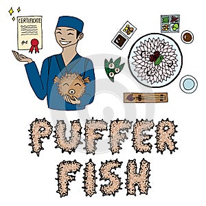 Oriental certified chef with puffer fish and dish of fugu fish. Professional chef. Japanese cuisine. Doodles. Vector ilustration