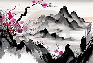 Oriental cherry blossoming branch, petals on the wind and distant blue mountains. Traditional oriental ink