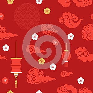 Oriental chinese or japanese seamless patterns. Traditional asian ornaments floral, geometric, with clouds, auspicious symbols.