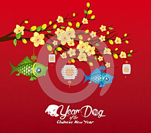 Oriental Chinese New Year 2018 blossom and lantern background. Year of the dog hieroglyph: Dog