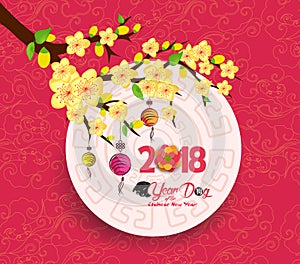 Oriental Chinese New Year 2018 blossom and lantern background. Year of the dog hieroglyph: Dog