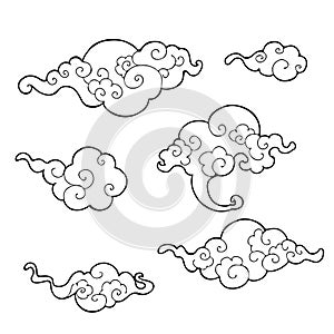 Oriental cloud ornament clip art design with pen drawing line set