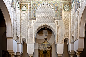 Oriental decor in Tarfaya Mosque in Meknes, Morocco, craftsmanship oriental scarved marble