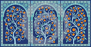 Oriental decorative background. Triptych orange trees