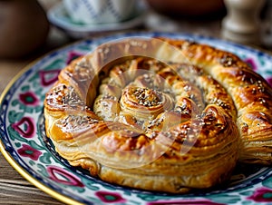 Oriental dish, oriental cuisine. Traditional Turkish pastry wrapped in phyllo. Turkish name gul boregi or gul borek. Food