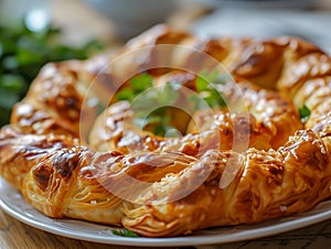 Oriental dish, oriental cuisine. Traditional Turkish pastry wrapped in phyllo. Turkish name gul boregi or gul borek. Food