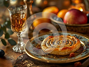 Oriental dish, oriental cuisine. Traditional Turkish pastry wrapped in phyllo. Turkish name gul boregi or gul borek. Food