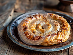 Oriental dish, oriental cuisine. Traditional Turkish pastry wrapped in phyllo. Turkish name gul boregi or gul borek. Food