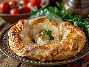 Oriental dish, oriental cuisine. Traditional Turkish pastry wrapped in phyllo. Turkish name gul boregi or gul borek. Food