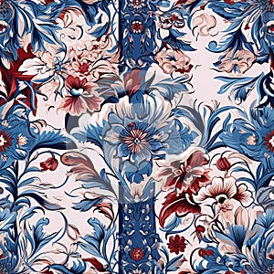 oriental ethnic Japanese floral seamless carpet pattern with red blue flowers on white background