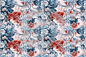 oriental ethnic traditional Japanese floral seamless carpet pattern with red and blue flowers on white background