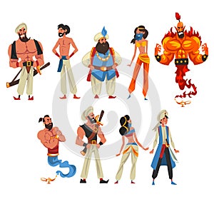 Oriental Fairy Tale Cartoon Characters Collection, Beautiful Arabian Princess, Sultan, Vizier, Aladdin, Fire Genie