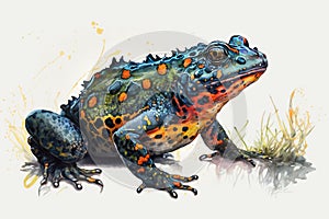 Oriental fire bellied toad in style of watercolor pencils on white paper, AI generative