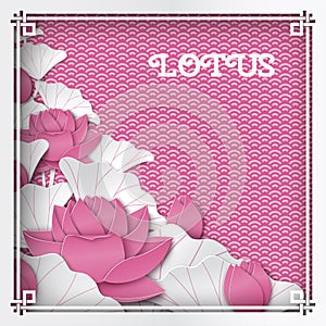 Oriental floral background with pink lotus flowers and ornate cut frame on pink pattern backdrop for greeting card