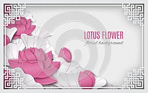 Oriental floral background with pink lotus flowers and ornate cut frame on white pattern backdrop for greeting card