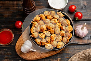 Oriental Fried Dumplings with Minced Meat also known as Gyoza, Dim Sum, Jiaozi, Momo, Tortellini