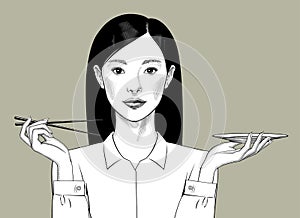 Oriental girl with long hair holds chopsticks and plate in her hands