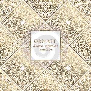 Oriental gold and white ornate tiles vector seamless pattern