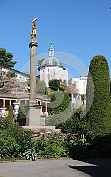 Oriental Golden Female Sculpture At Portmeirion Piazza, North Wales