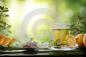 Oriental green tea with mint and lemons on bamboo front