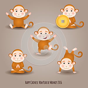 Oriental Happy Chinese New Year 2016 Year of Monkey set of jumping, happy, sitting cartoon monkey Vector Design.