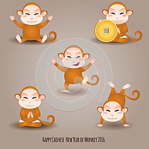 Oriental Happy Chinese New Year 2016 Year of Monkey set of jumping, happy, sitting cartoon monkey Vector Design.