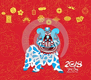 Oriental Happy Chinese New Year 2018. lion dance Design. Year of the dog