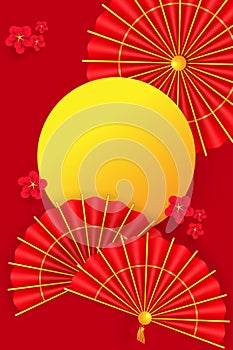 Oriental Holiday Lunar New Year. Golden Moon, paper fans and traditional red umbrella