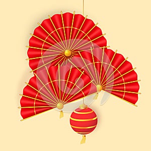 Oriental Holiday Lunar New Year. Hanging paper lantern, paper fans and traditional red umbrella. Decor for Oriental Holiday Lunar