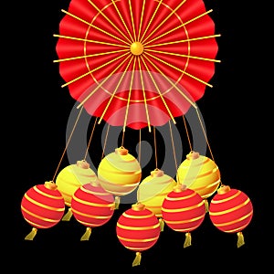 Oriental Holiday Lunar New Year. Hanging paper lanterns and traditional red umbrella. Decor for Oriental Holiday Lunar New Year