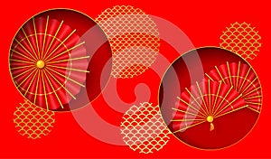 Oriental Holiday Lunar New Year. Red and golden paper fans and traditional red umbrella. Decor for Oriental Holiday Lunar New Year