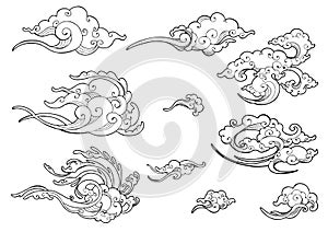 Oriental Japanese or Chinese cloud ornament doodle drawing collection set