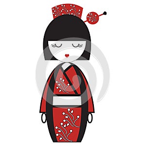 Oriental Japanese geisha doll with kimono with oriental flowers and stick with round element inspired by Asian tradition