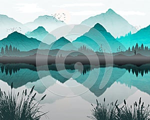 Oriental Japanese landscape, with fishing boat and lone fisherman on banks of lake. Reflection of mountains and trees in water, photo