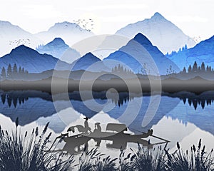 Oriental Japanese landscape, with two fishing boats, and reflection of mountains in lake, mist forming over water. Processed in