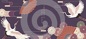 Oriental Japanese style abstract pattern background design daisy flower folding fan and bird crane